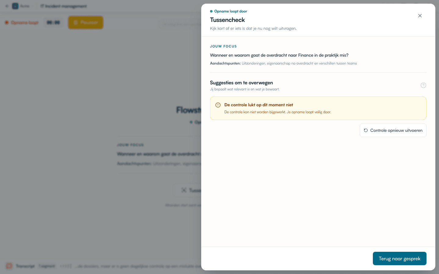 Herstelbare fout in een check, met de opname veilig op de achtergrond
