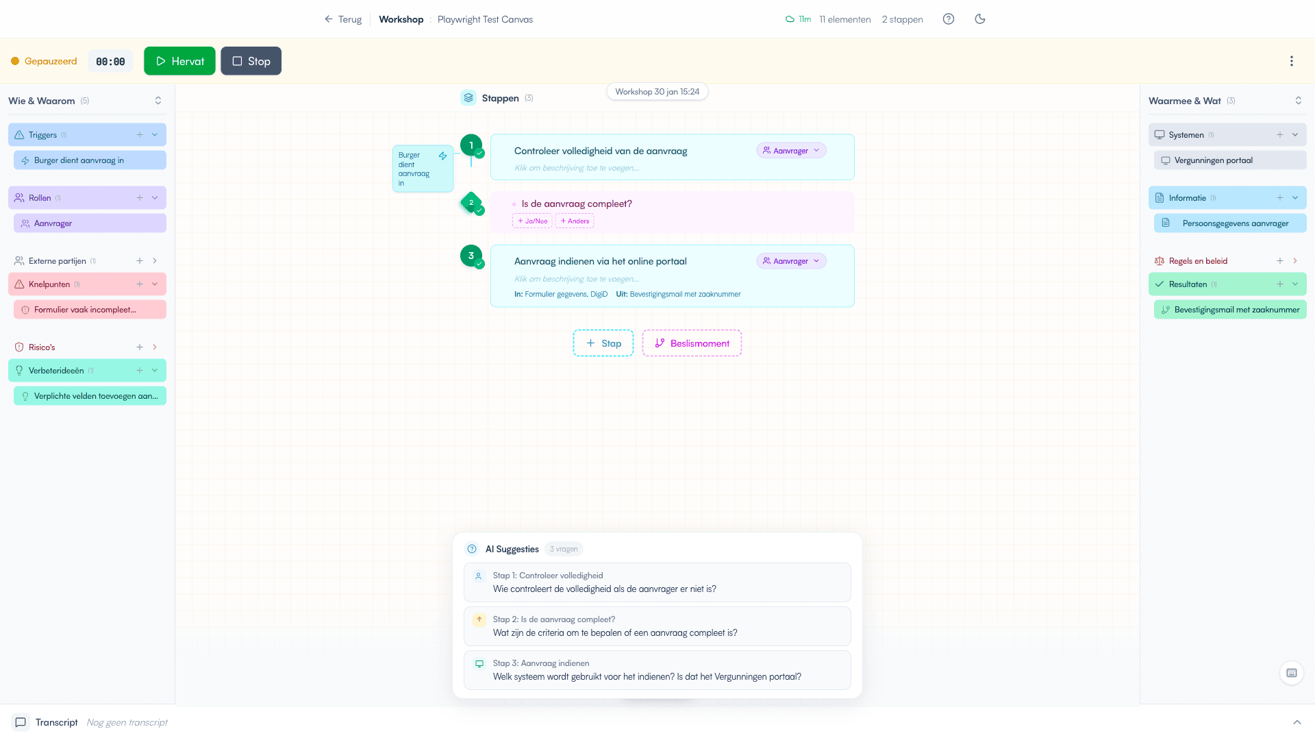 AI-vraagsuggesties onderaan het workshop canvas