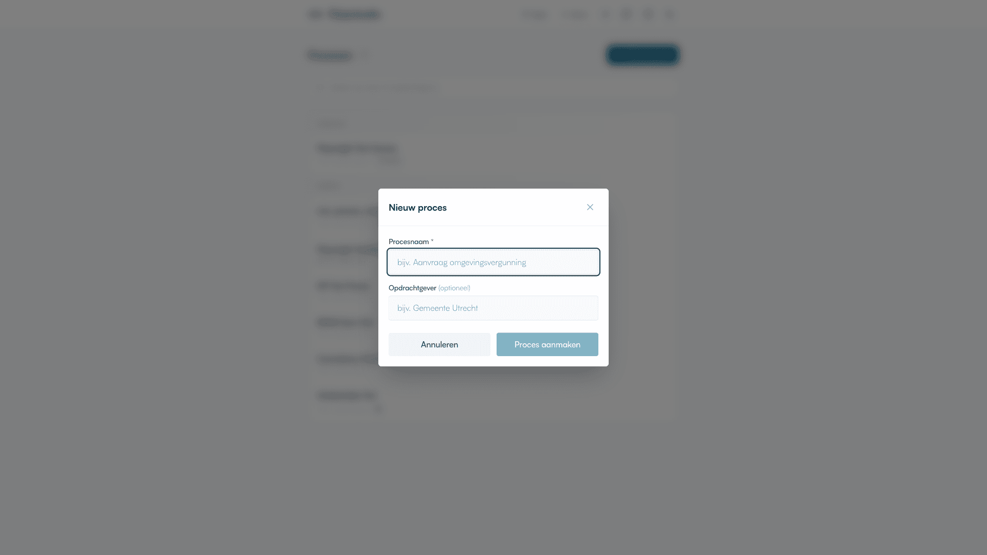 Nieuw proces dialoog met velden Procesnaam en Opdrachtgever