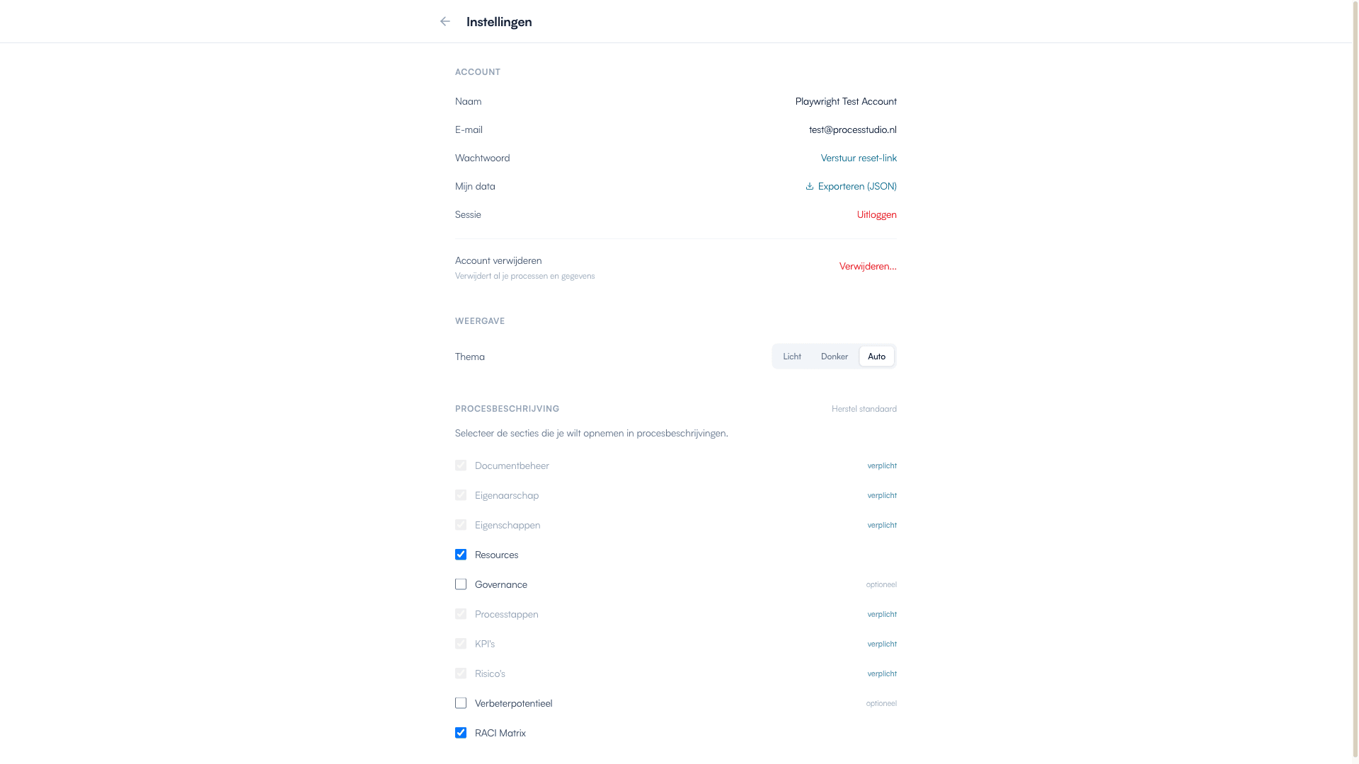 Instellingen pagina met secties Account, Weergave en Procesbeschrijving