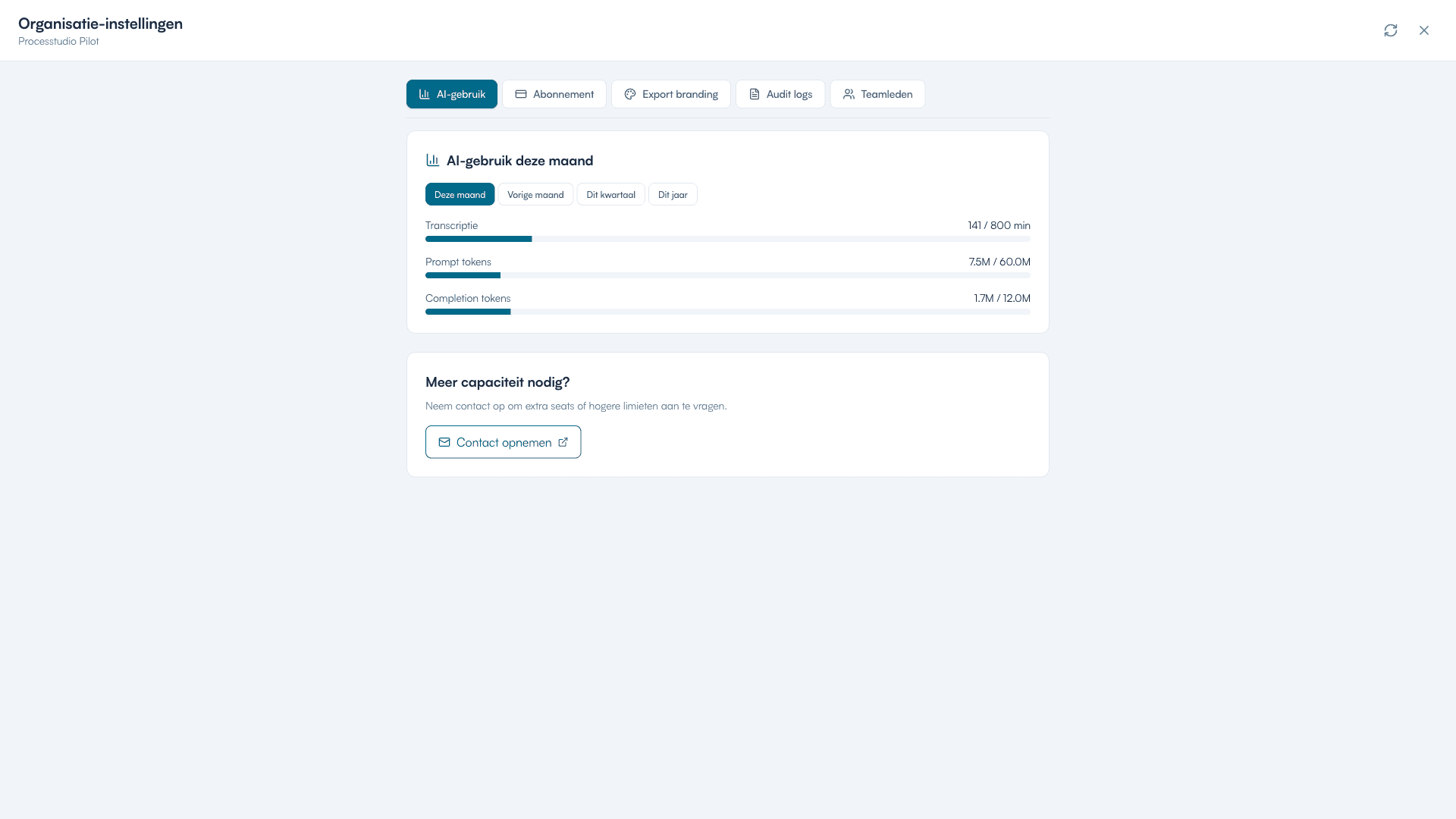 Organisatie-instellingen met tabbladen AI-gebruik, Abonnement, Export branding, Audit logs en Teamleden