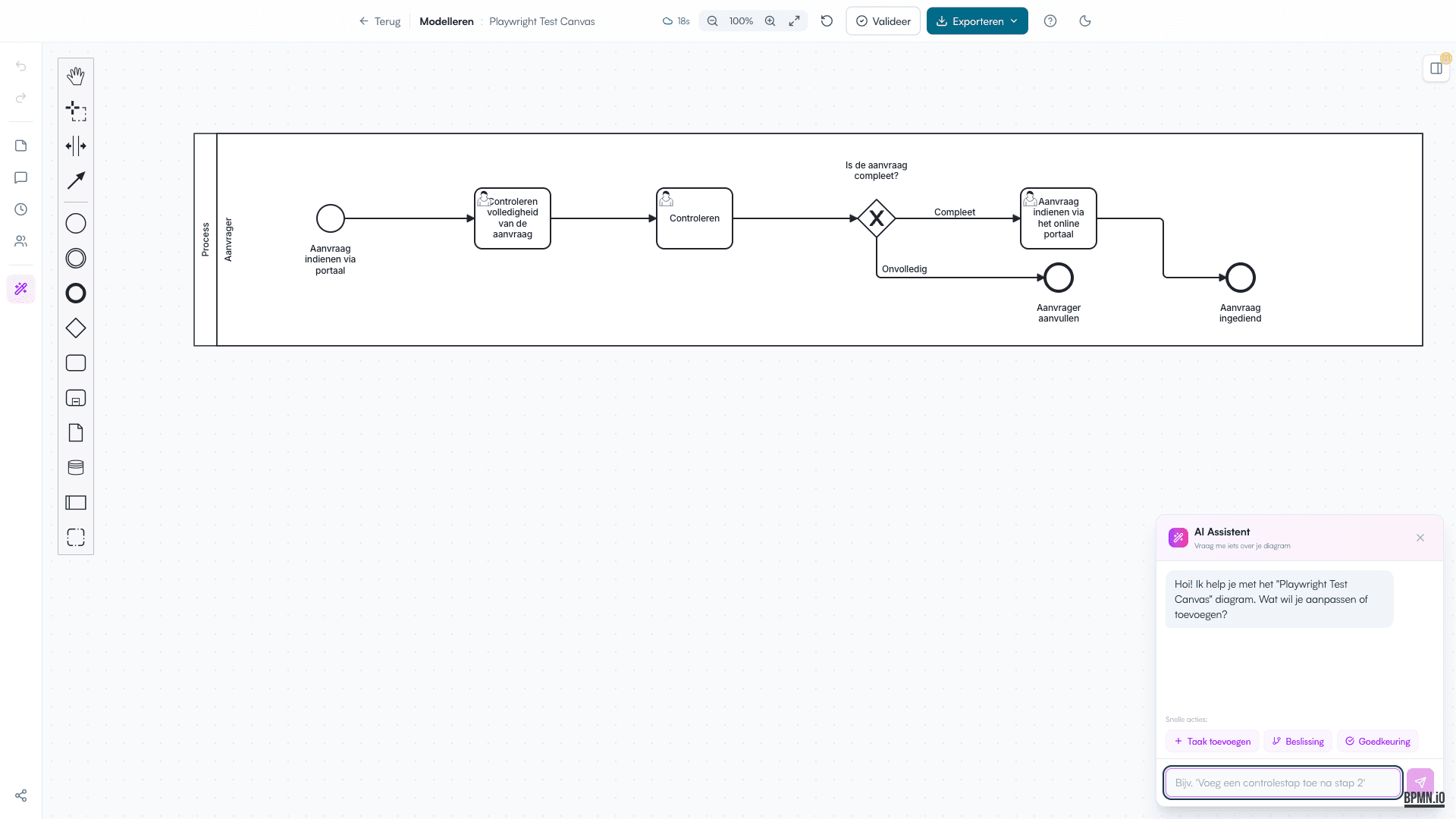 AI-assistent chatvenster in de BPMN-editor