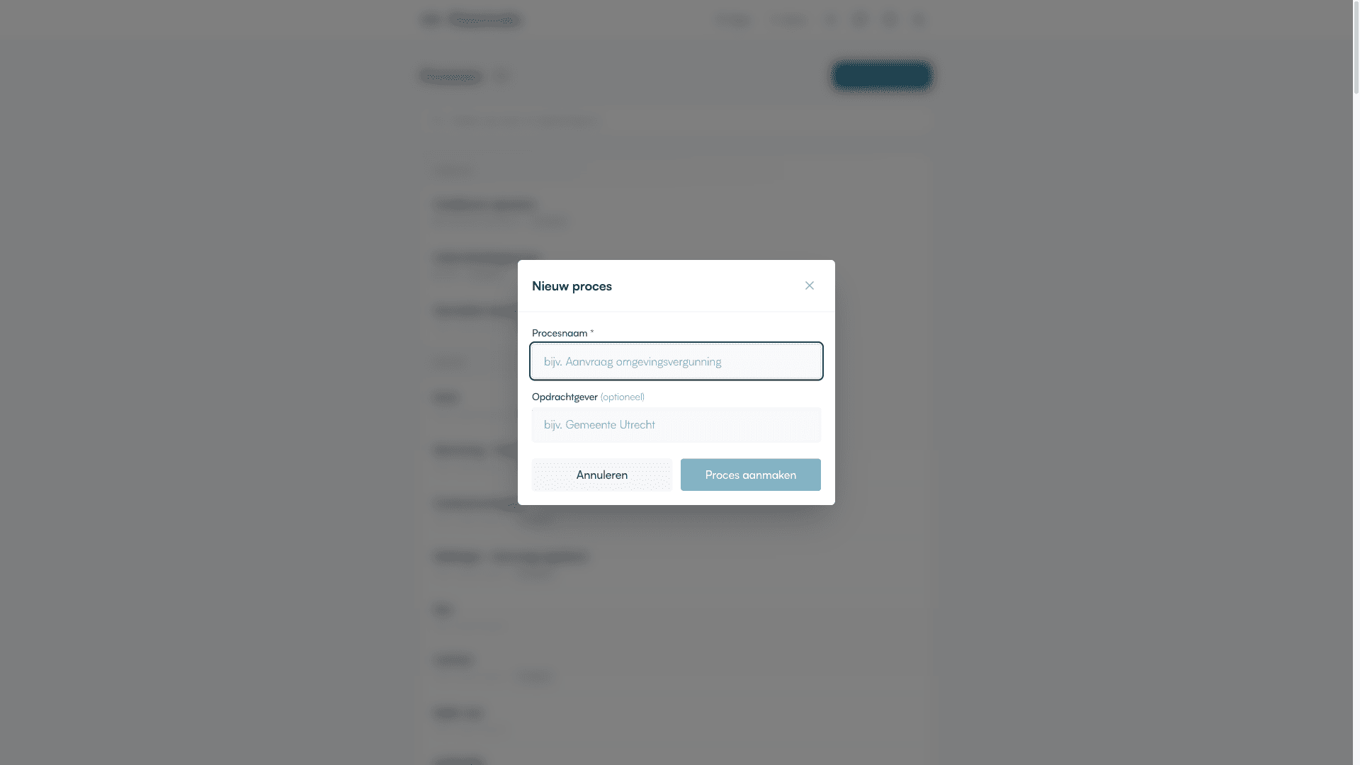 Nieuw proces dialoog met velden Procesnaam en Opdrachtgever