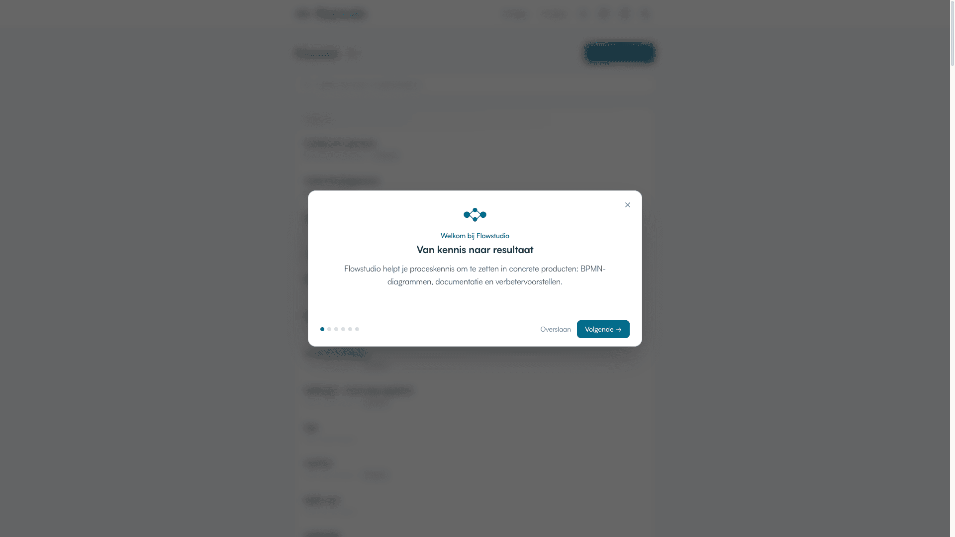 Dashboard met proceslijst en welkomstscherm