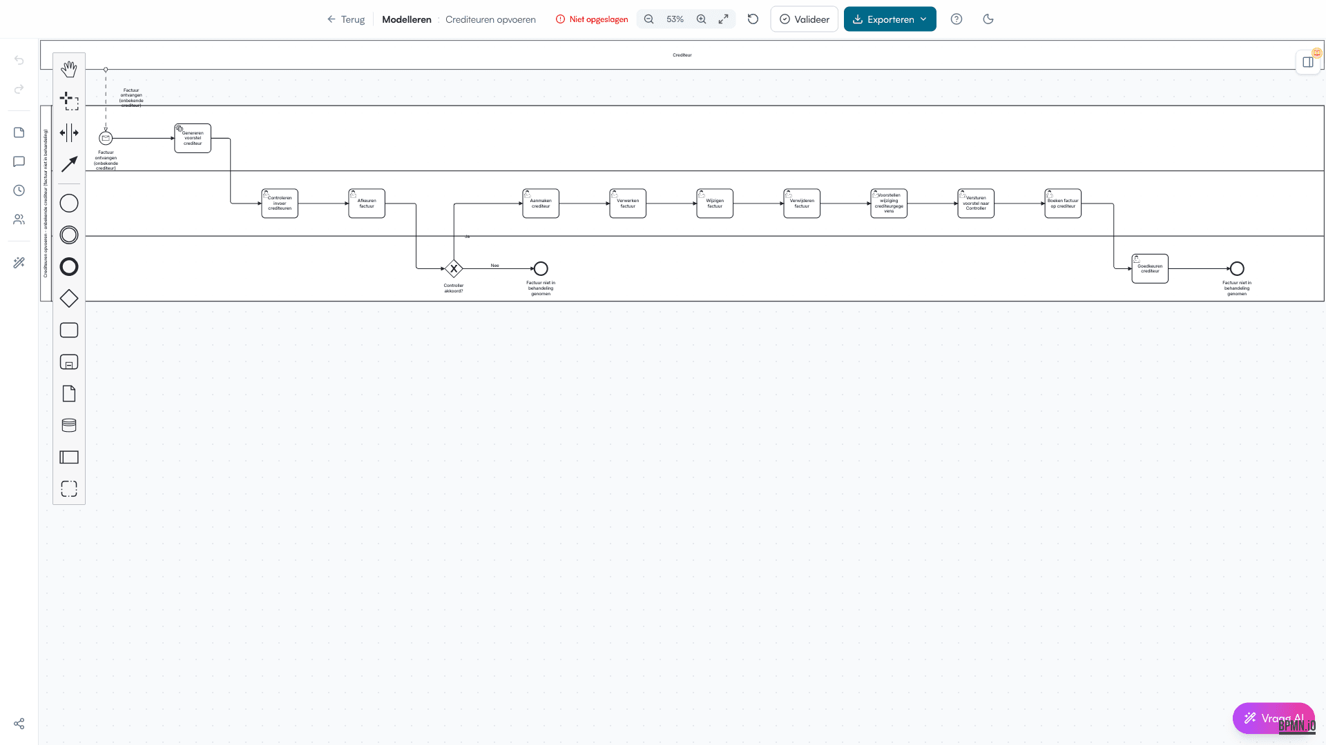 BPMN editor met procesmodel en swimlanes
