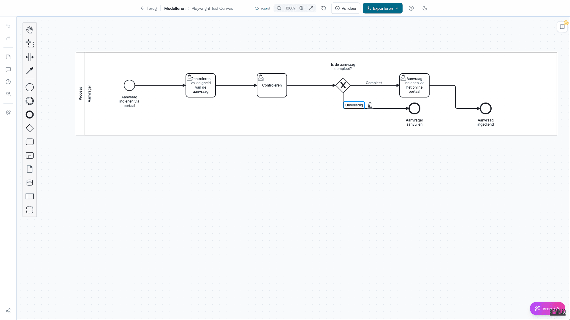 Het startscherm van de BPMN editor