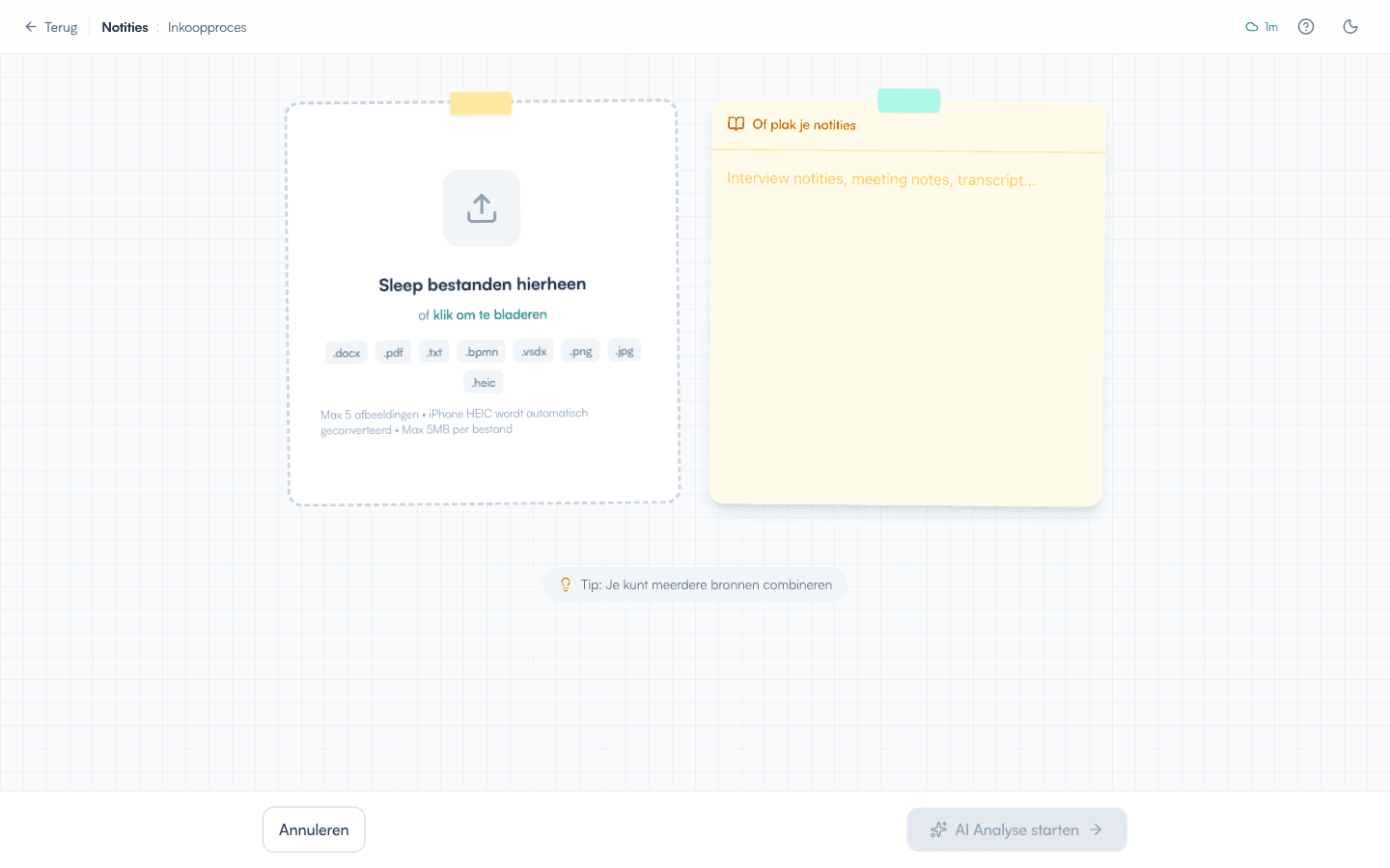 Notities invoerscherm met uploadgebied