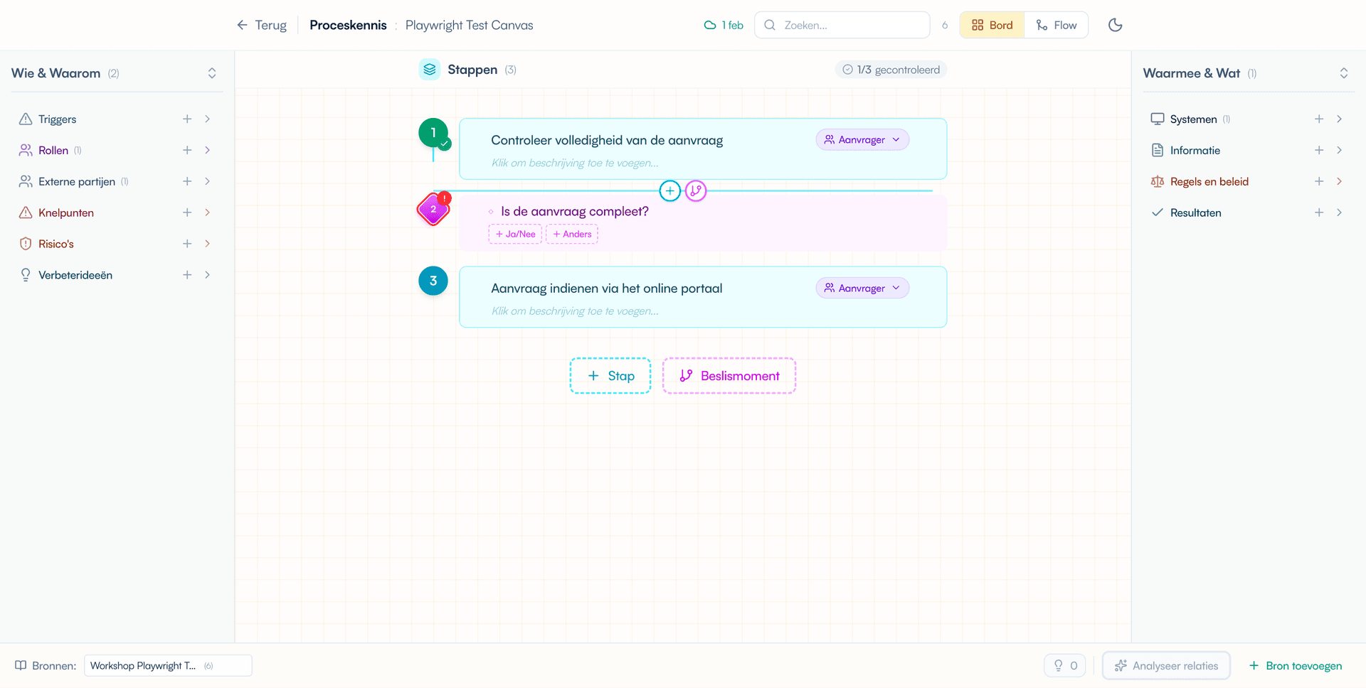 Onderbalk met bronnen, validatie en AI-functies