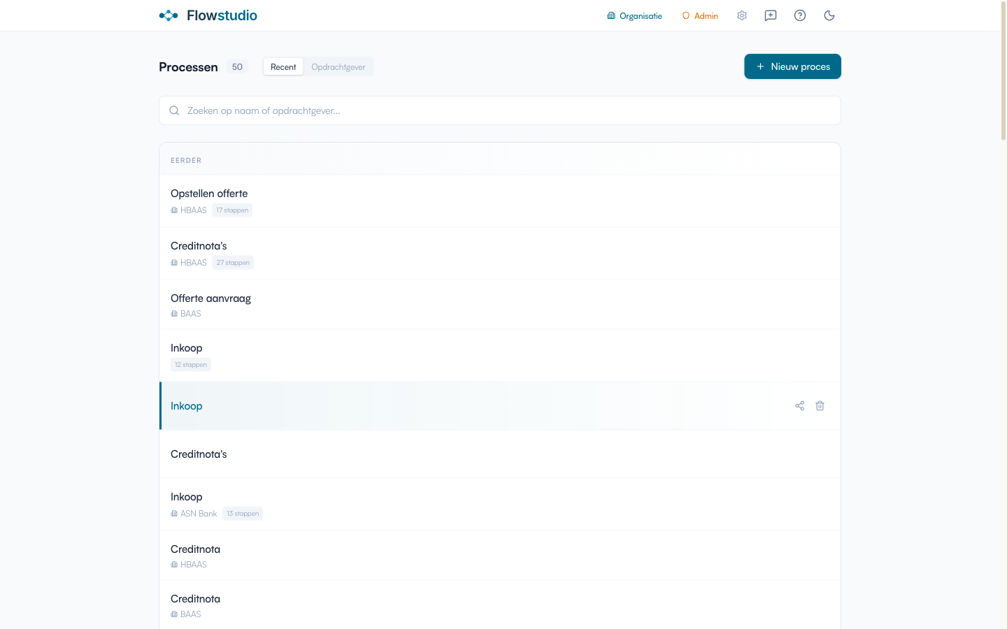 Dashboard met proceslijst en welkomstscherm